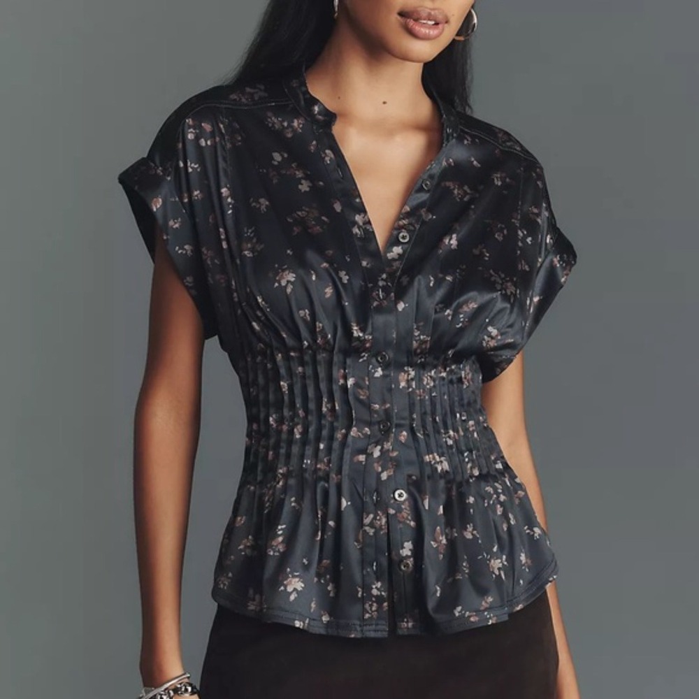 Pilcro Anthropologie Linden Silky Pleated Waist Blouse Black Floral Medium